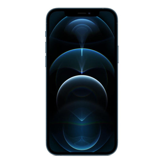 Vista frontal del Apple iPhone 12 Pro (256 Gb) - Azul pacifico  mostrando su pantalla Super Retina XDR. 