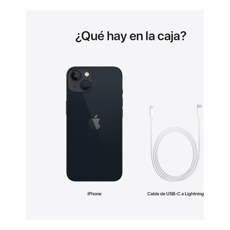 Apple iPhone 13 (512 Gb) - Azul medianoche equipado con funda negra y cable USB-C a Lightning en color blanco. 