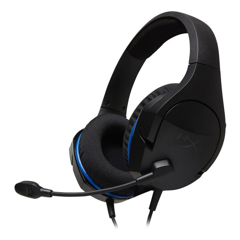 Audífonos Gamer Hyperx Cloud Stinger Core Hx-hscsc Black en vista frontal, con diseño negro y franjas azules, perfectos para sesiones prolongadas.