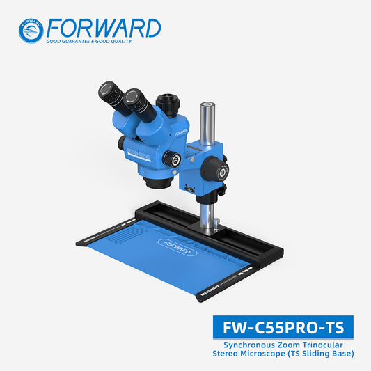 Microscopio Trinocular FW-C55Pro – Zoom Síncrono y Base Deslizante TS