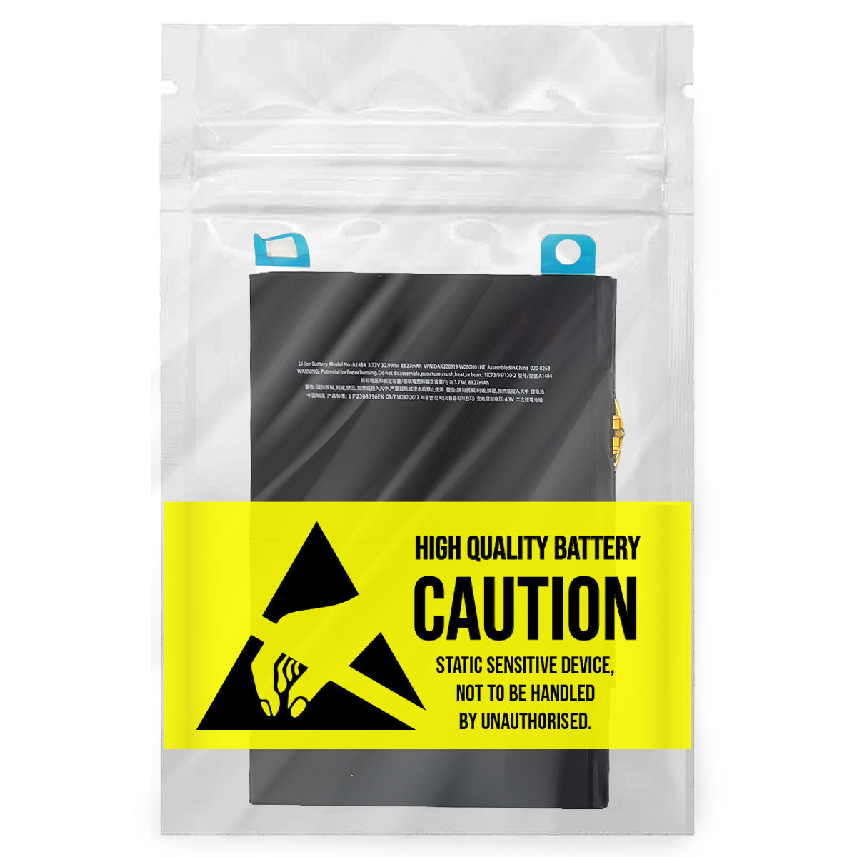 Batería Compatible Con iPad Air 5ta/6ta/7ma/8va/9na dentro de bolsa de protección con icono de precaución amarillo visible.
